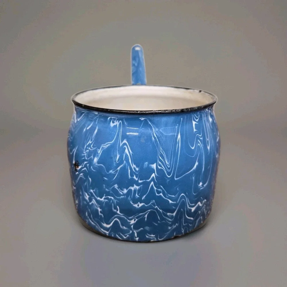 Vintage Blue White Swirl Graniteware Enamel Saucepan Nesting Pot Set of 2 +Spoon